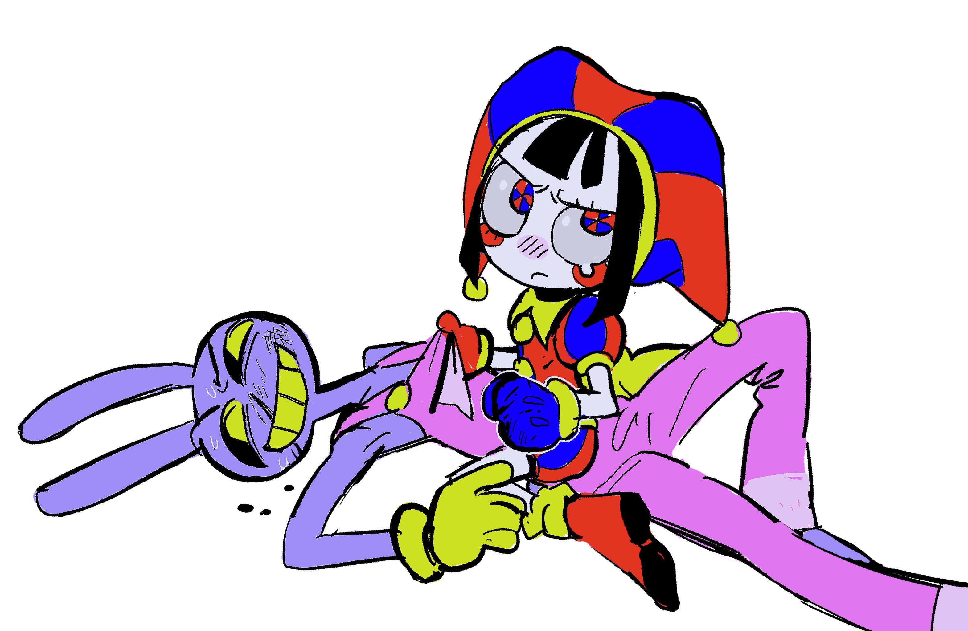 jax (the amazing digital circus), pomni (the amazing digital circus), the amazing digital circus, commentary, english commentary, highres, 1boy, 1girl, black eyes, blood, blue eyes, colored sclera, frown, girl on top, gloves, grin, hat, j23384065, jester, jester cap, looking at viewer, lying, multicolored eyes, nosebleed, on back, overalls, rabbit boy, red eyes, short hair, simple background, smile, teardrop, white background, yellow sclera