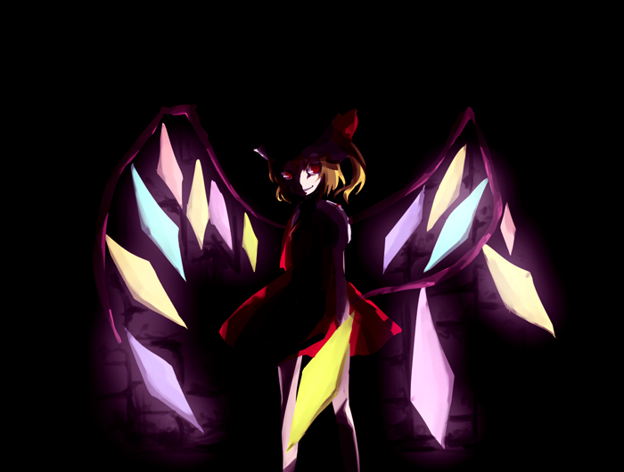 ica, inaka, flandre scarlet, touhou, bad id, bad pixiv id, 1girl, blonde hair, crystal, dark, female focus, frills, glowing, hat, looking at viewer, mob cap, pink eyes, red eyes, red hair, solo, standing, vampire, wings