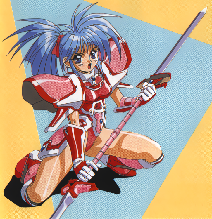 makino ryuuichi, corque lans, faussete amour, non-web source, official art, 1990s (style), 1girl, armor, blue eyes, blue hair, boots, breastplate, double blade, gloves, high ponytail, holding, holding weapon, leotard, long hair, ponytail, red boots, red leotard, retro artstyle, shoulder armor, solo, squatting, weapon