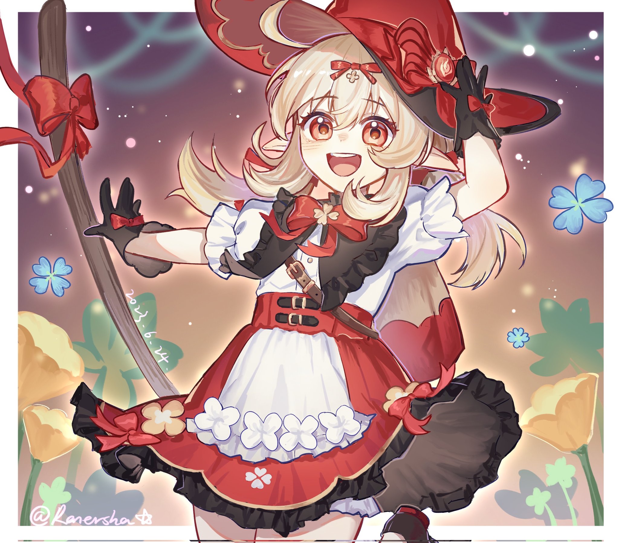 ranersha1, klee (blossoming starlight) (genshin impact), klee (genshin impact), genshin impact, chinese commentary, commentary request, highres, 1girl, :d, ahoge, belt, black gloves, blonde hair, bow, bowtie, clover, cowboy shot, dated, four-leaf clover, frilled shirt collar, frilled skirt, frilled sleeves, frills, glove bow, gloves, hair between eyes, hat, jumping, light blush, long hair, looking at viewer, official alternate costume, open mouth, pointy ears, red bow, red bowtie, red eyes, red hat, red skirt, shirt, short sleeves, skirt, smile, solo, teeth, twintails, twitter username, upper teeth only, white hair, witch hat