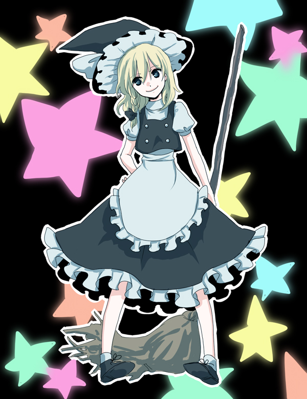 ica, inaka, kirisame marisa, touhou, bad id, bad pixiv id, 1girl, blonde hair, blue eyes, broom, female focus, full body, hat, skirt, solo, star (symbol), witch, witch hat
