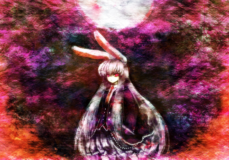 reisen udongein inaba, touhou, 1girl, animal ears, female focus, moon, necktie, outdoors, rabbit ears, red eyes, skirt, sky, solo