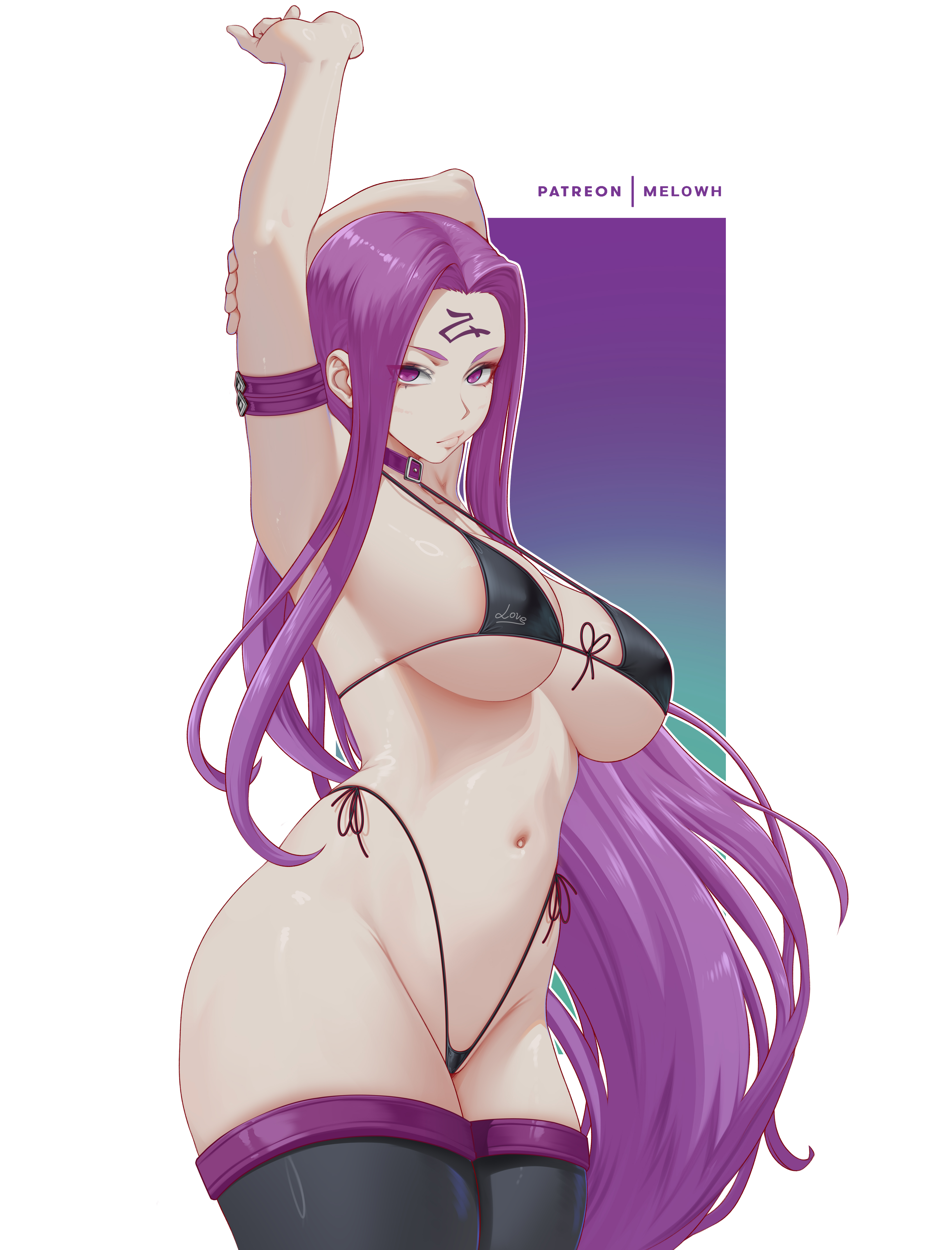 melowh, medusa (fate), medusa (rider) (fate), fate/grand order, fate (series), absurdres, commentary, english commentary, highres, 1girl, alternate costume, areola slip, arm up, armpits, bikini, black bikini, black thighhighs, breasts, closed mouth, facial mark, forehead mark, large breasts, long hair, looking at viewer, navel, patreon username, purple eyes, purple hair, solo, swimsuit, thighhighs, very long hair