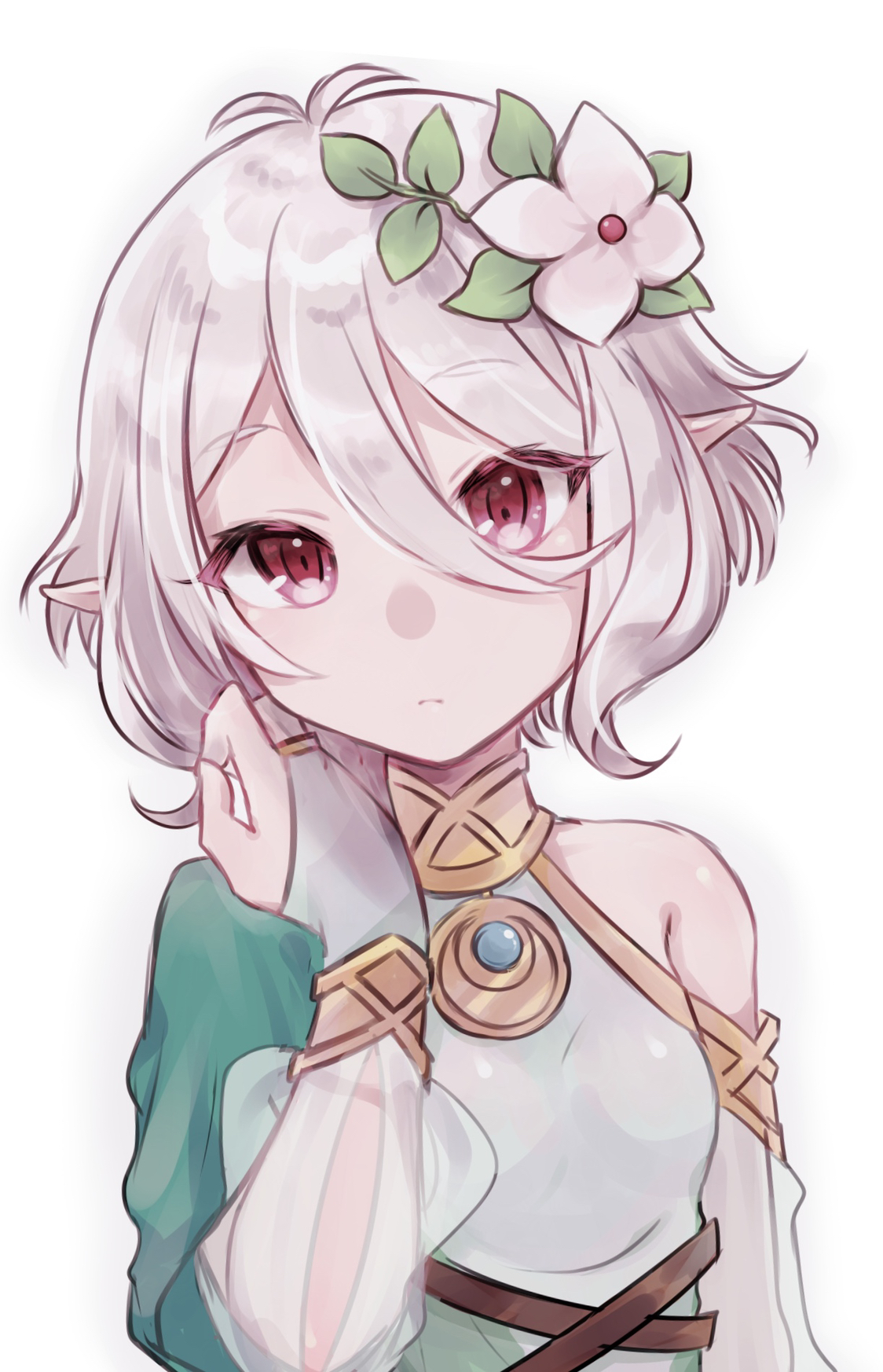 imamiya pinoko, kokkoro (princess connect!), princess connect!, highres, 1girl, antenna hair, breasts, elf, flower, hair flower, hair ornament, pointy ears, red eyes, short hair, small breasts, solo, upper body, white background