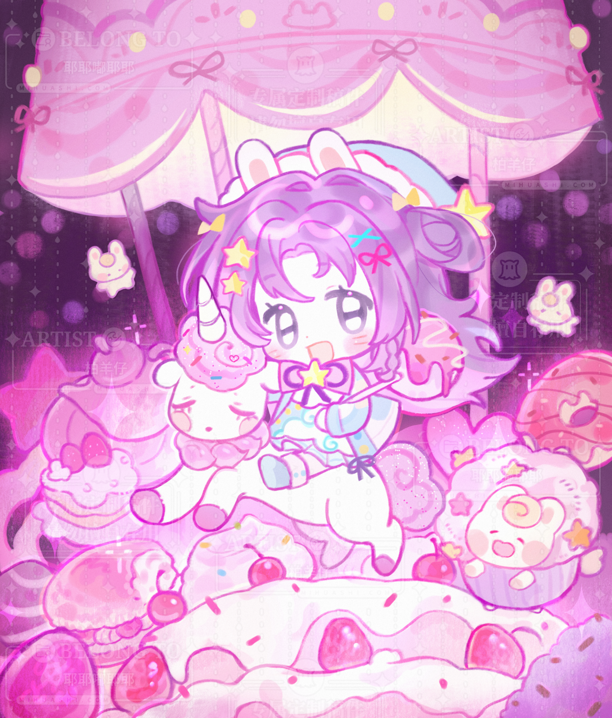 original, highres, 1girl, :d, animal ears, bai yang zi, blue dress, blue eyes, blue hat, blue shoes, blush, carousel, chibi, chibi only, cupcake, donut, dress, food, full body, hair ornament, hat, long hair, long sleeves, open mouth, parted bangs, purple background, purple hair, purple theme, rabbit ears, shoes, sitting, smile, solo, watermark, x hair ornament