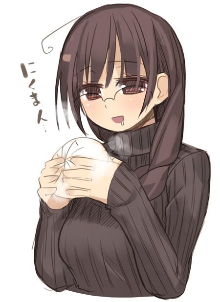 kashiwamochi yomogi, arima senne, original, 1girl, ahoge, blush, bread, brown eyes, brown hair, drooling, female focus, food, glasses, hungry, open mouth, solo, steamed bun, sweater, turtleneck