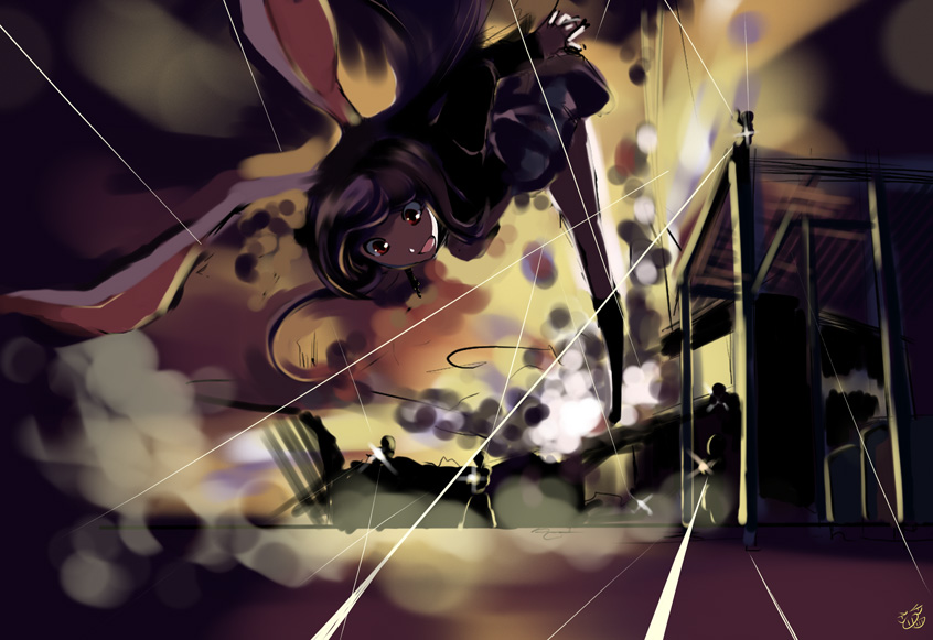 cofepig, reisen udongein inaba, touhou, 1girl, animal ears, dive, dodging, female focus, firing, gun, jumping, rabbit ears, solo, weapon