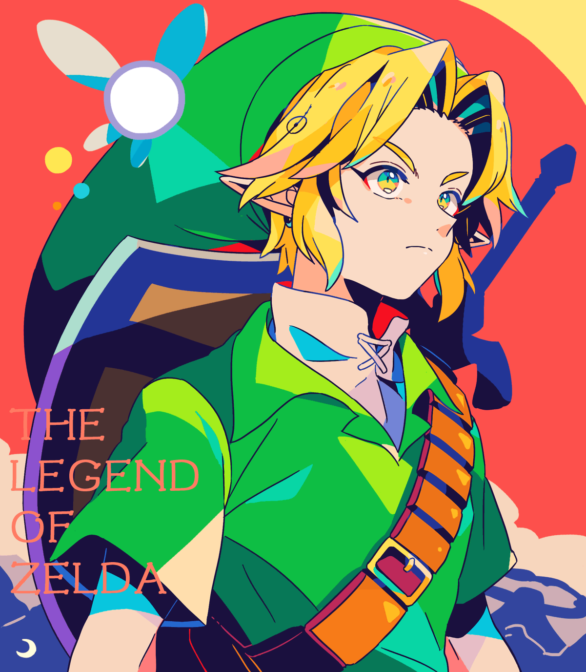 mizuki tsukimori, link, navi, nintendo, the legend of zelda, the legend of zelda: ocarina of time, highres, 1boy, belt, blonde hair, closed mouth, copyright name, curtained hair, fairy, green hat, green tunic, hat, male focus, pointy ears, shield, shield on back, short sleeves, sidelocks, solo, sword, sword on back, tunic, upper body, weapon, weapon on back