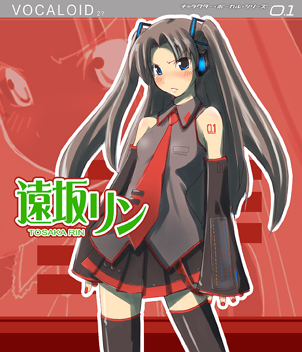 fue (rhomphair), hatsune miku, tohsaka rin, fate/hollow ataraxia, fate/stay night, fate (series), vocaloid, 1girl, adapted costume, bare shoulders, black thighhighs, blue eyes, blush, brown hair, cosplay, crossover, detached sleeves, female focus, hatsune miku (cosplay), long hair, miniskirt, nail polish, necktie, parody, red nails, skirt, solo, tattoo, thighhighs, twintails, two side up, vocaloid boxart pose, zettai ryouiki