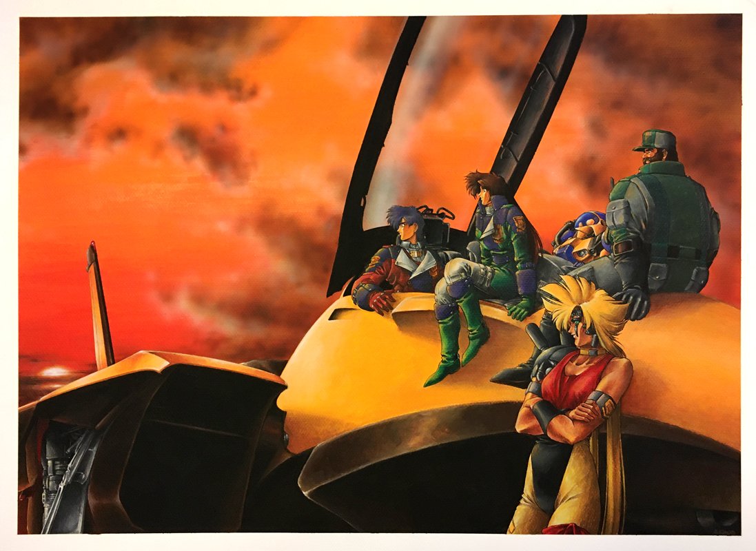 kimura akihiro, character request, official art, aircraft, airplane, beard, blonde hair, closed mouth, cloud, emerald dragon, facial hair, facial mark, hat, long hair, multiple girls, very long hair