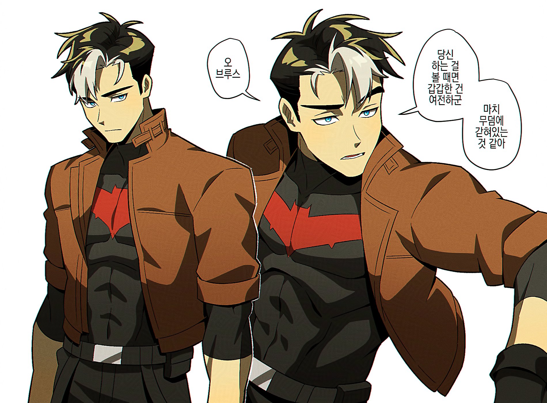 jason todd, red hood (dc), batman (series), dc comics, highres, 1boy, bat signal, batman symbol, black bodysuit, black gloves, black hair, blue eyes, bodysuit, brown jacket, gloves, grey bodysuit, huhuh ckdwkr7, jacket, male focus, muscular, muscular male, open clothes, pants, red hood and the outlaws, short hair, superhero costume, taut bodysuit, two-tone bodysuit