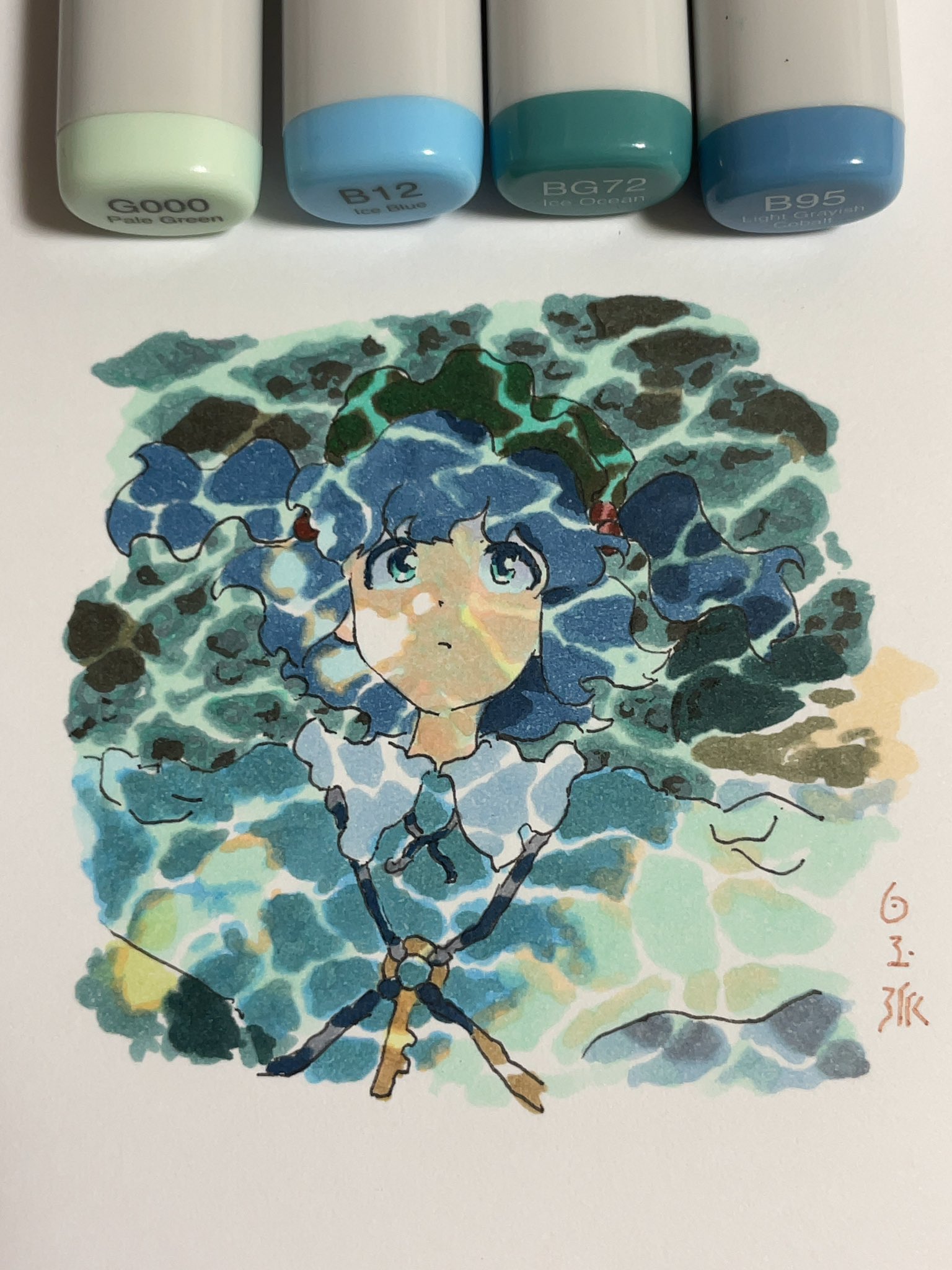 shiratama (hockey), kawashiro nitori, touhou, highres, marker (medium), photo (medium), traditional media, 1girl, blue eyes, blue hair, blue shirt, collared shirt, cropped torso, dot nose, expressionless, floating hair, green hat, hair bobbles, hair ornament, hat, key, long sleeves, looking ahead, lying, newsboy cap, on back, outstretched arms, parted lips, puffy long sleeves, puffy sleeves, shirt, short hair, short twintails, signature, solo, tareme, twintails, underwater