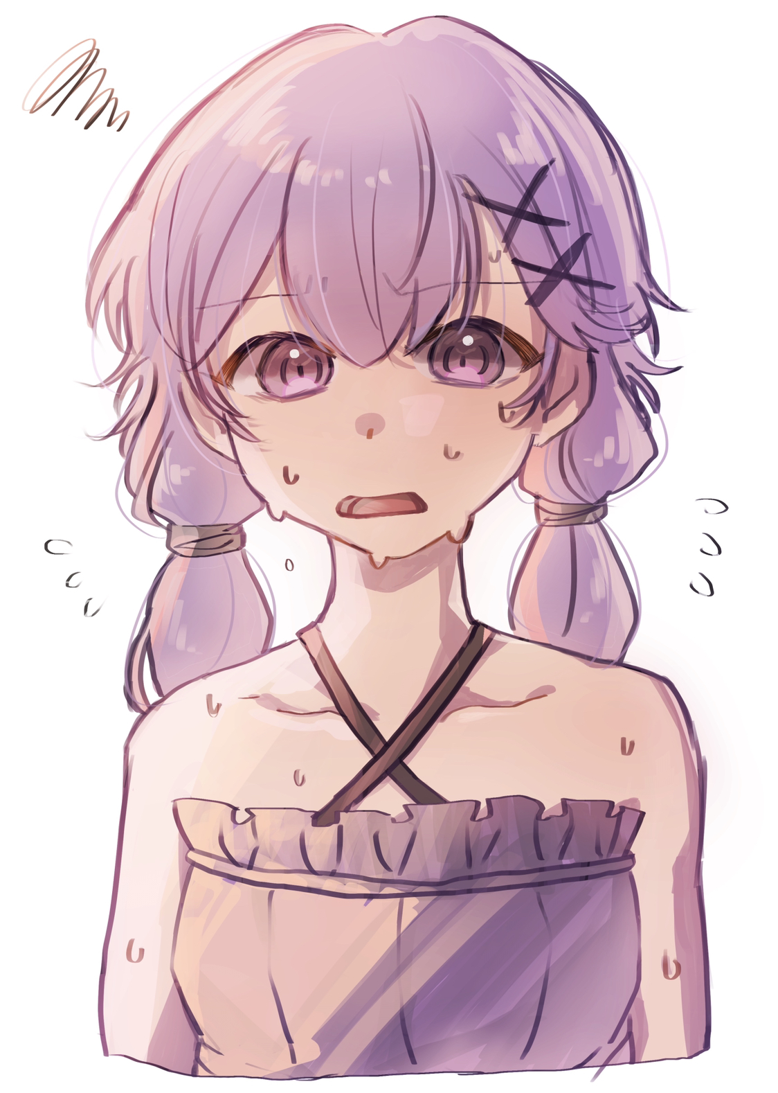 imamiya pinoko, yuzuki yukari, voiceroid, highres, 1girl, flying sweatdrops, open mouth, pink eyes, purple hair, short hair with long locks, solo, squiggle, sweat, upper body, white background