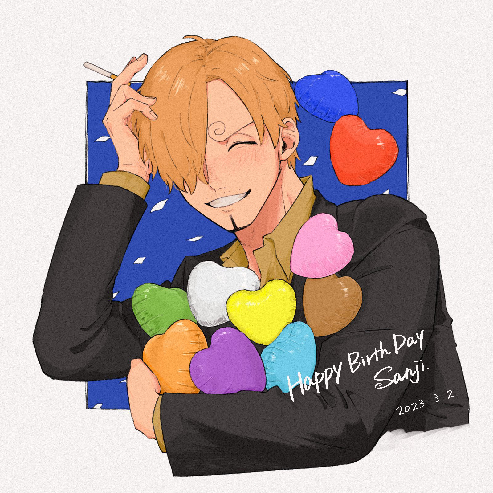 iqracha, sanji (one piece), one piece, highres, 1boy, balloon, black jacket, blonde hair, blush, border, brown shirt, cigarette, closed eyes, collared shirt, cropped torso, curly eyebrows, facial hair, goatee, hair over one eye, happy birthday, heart balloon, jacket, long hair, male focus, mustache stubble, shirt, smile, solo, stubble, upper body, white border