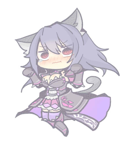 homurabi, necro-armor alma, emil chronicle online, lowres, 1girl, @ @, armor, armored boots, armored dress, black dress, black gloves, black hair, blush, boots, breasts, cat tail, chibi, cleavage, dress, embarrassed, frilled dress, frills, gloves, large breasts, nose blush, paw pose, purple boots, purple dress, red eyes, solo, tail, tearing up, two-tone dress, white background