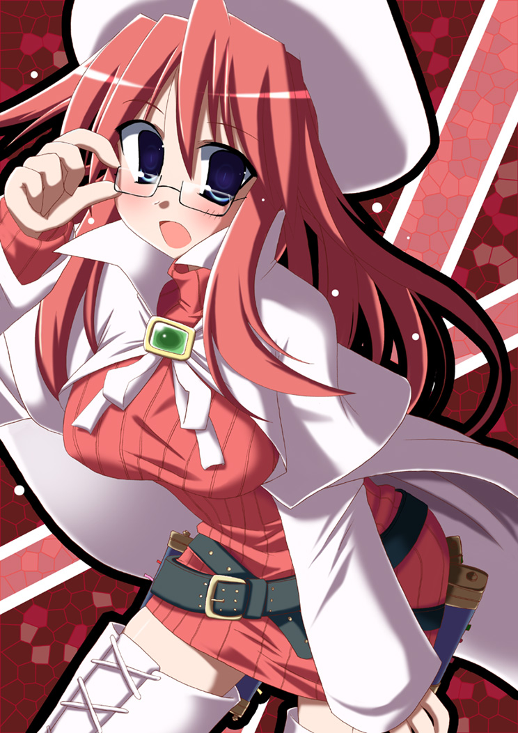 hoppege, aty, aty (summon night), summon night, summon night 3, 1girl, belt, belt skirt, boots, female focus, glasses, solo, thigh boots, thighhighs