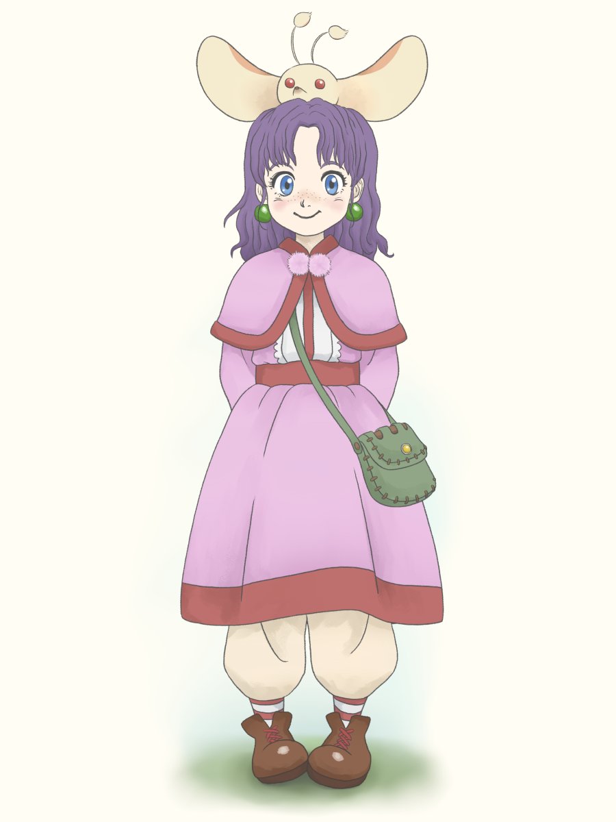 sue (grandia), grandia, grandia i, highres, 1girl, blue eyes, closed mouth, dress, earrings, freckles, full body, jewelry, long hair, looking at viewer, nyankot, purple hair, simple background, smile, solo