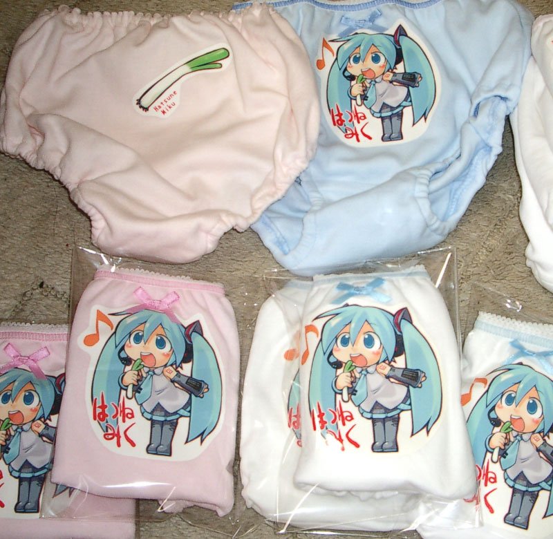 sakurabe notos, hatsune miku, vocaloid, bad id, bad pixiv id, photo (medium), aqua hair, clothes writing, no humans, panties, print panties, twintails, underwear