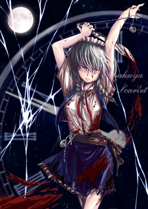 asuima, izayoi sakuya, touhou, silver hair, 1girl, braid, female focus, short hair, solo, twin braids