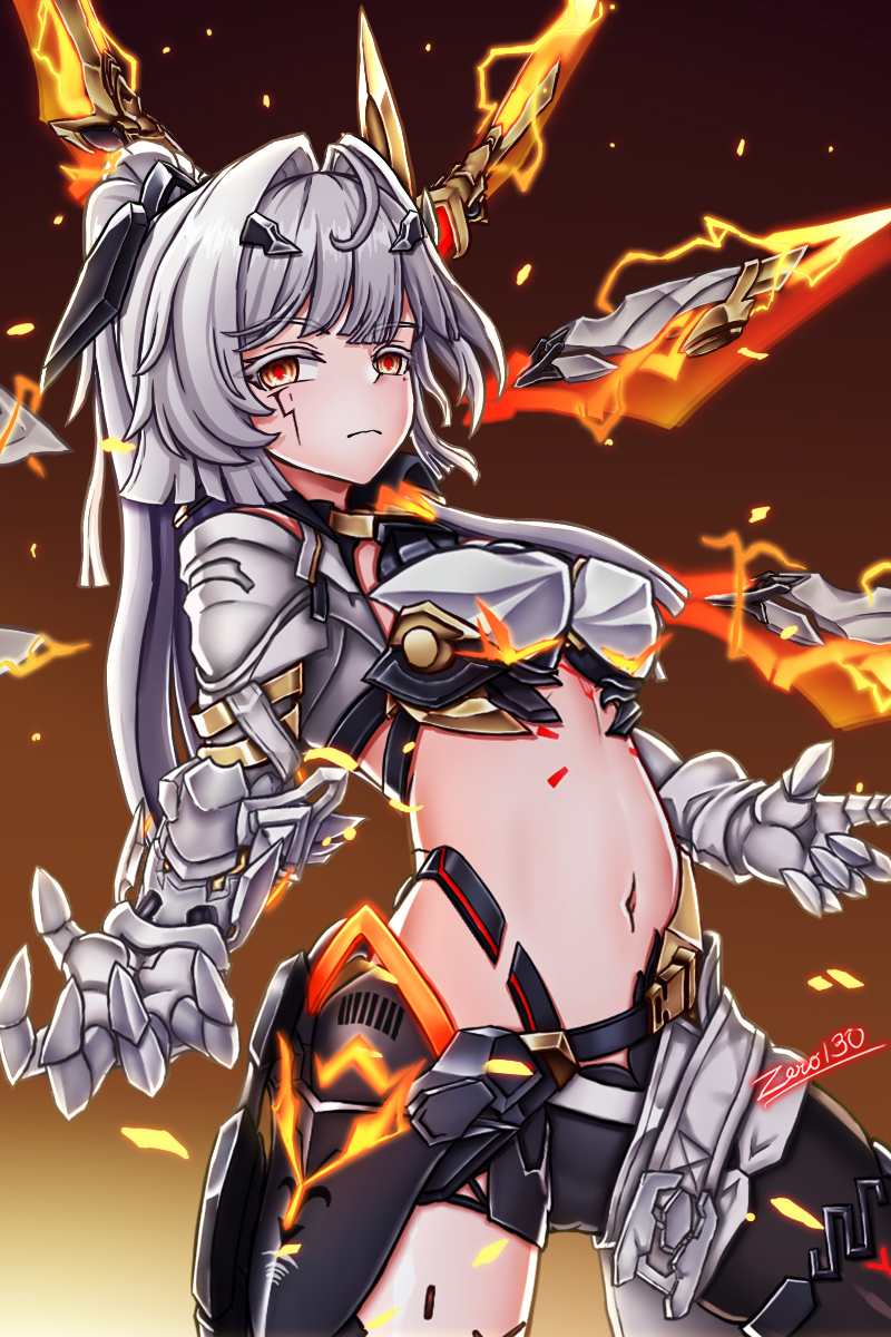 zero130rider, erdos helia, erdos helia (planar armament: warped spacetime), honkai (series), honkai impact 3rd, highres, 1girl, artist name, breasts, closed mouth, gauntlets, grey hair, hair ornament, large breasts, long hair, looking at viewer, mole, mole under eye, navel, solo, yellow eyes