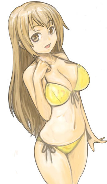 ikara, minami haruka, minami-ke, 00s, 1girl, bikini, female focus, front-tie top, side-tie bikini bottom, solo, swimsuit, yellow bikini