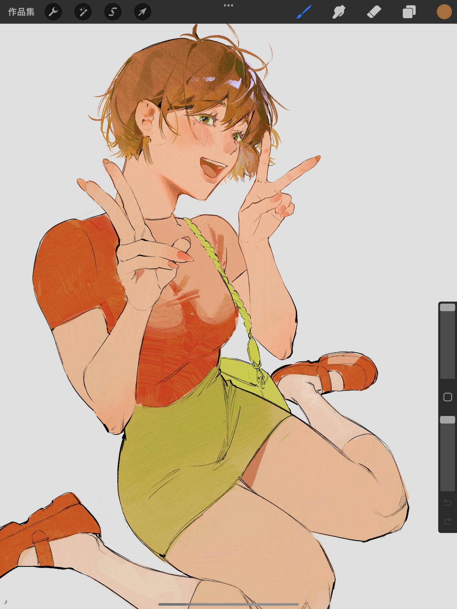 amo (amo 0514), original, commentary, highres, symbol-only commentary, 1girl, :d, art program in frame, bag, blush, breasts, brown eyes, brown hair, double v, fingernails, full body, green eyes, hair between eyes, handbag, hands up, head tilt, high-waist skirt, long fingernails, medium breasts, miniskirt, mole, mole under eye, multicolored eyes, nail polish, open mouth, pink nails, procreate (software), red shirt, red shoes, shirt, shirt tucked in, shoes, short hair, short sleeves, shoulder bag, simple background, sitting, skirt, smile, socks, solo, taut clothes, taut shirt, two-tone eyes, v, wariza, white background, white socks, yellow bag, yellow skirt
