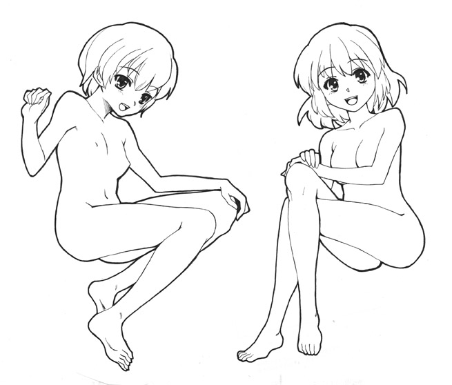 oryo (oryo04), 2girls, barefoot, crossed legs, feet, flat chest, full body, greyscale, looking at viewer, monochrome, multiple girls, nipples, nude, open mouth, simple background, sitting, smile, soles, toes