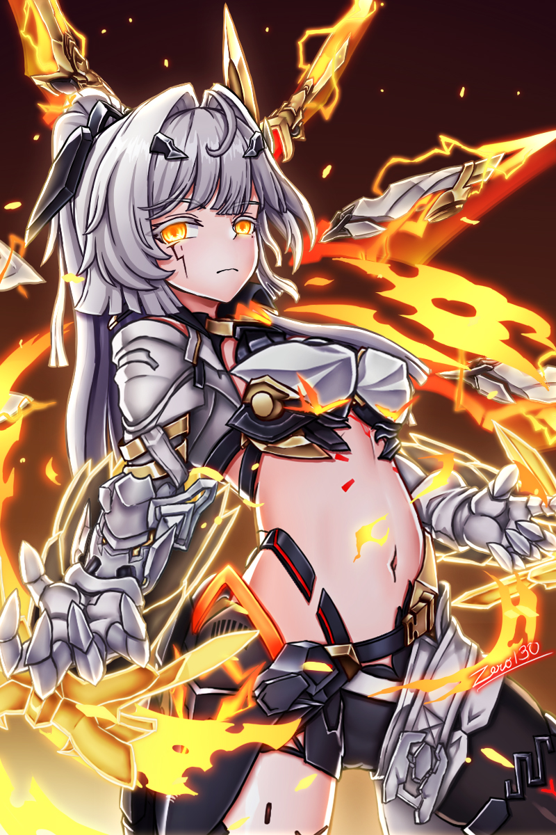 zero130rider, erdos helia, erdos helia (planar armament: warped spacetime), honkai (series), honkai impact 3rd, highres, 1girl, artist name, breasts, closed mouth, gauntlets, grey hair, hair ornament, large breasts, long hair, looking at viewer, mole, mole under eye, navel, solo, yellow eyes
