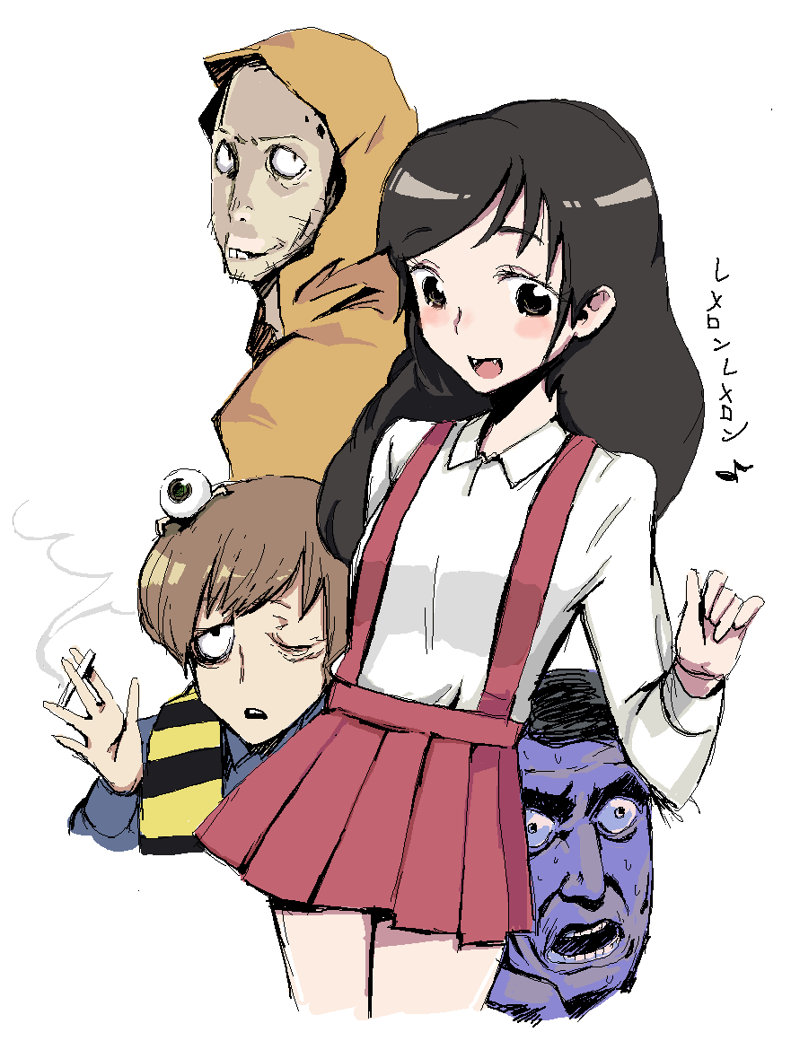 sanae (satansanae), kitarou, medama oyaji, neko (hakaba kitarou), nekomusume, nezumi otoko, gegege no kitarou, hakaba kitarou, toei company, character request, translation request, 1girl, 4boys, black hair, blush, brown eyes, brown hair, buck teeth, chanchanko (clothes), cigarette, collared shirt, cosplay, cowboy shot, creature on head, cropped legs, cropped torso, cyclops, fangs, happy, hood, hood up, legs together, long hair, looking at viewer, looking back, miniskirt, multiple boys, musical note, one-eyed, pleated skirt, red skirt, school uniform, shirt, short hair, simple background, sketch, skirt, smile, smoke, smoking, standing, suspender skirt, suspenders, sweat, teeth, traditional youkai, whiskers, white background, white shirt