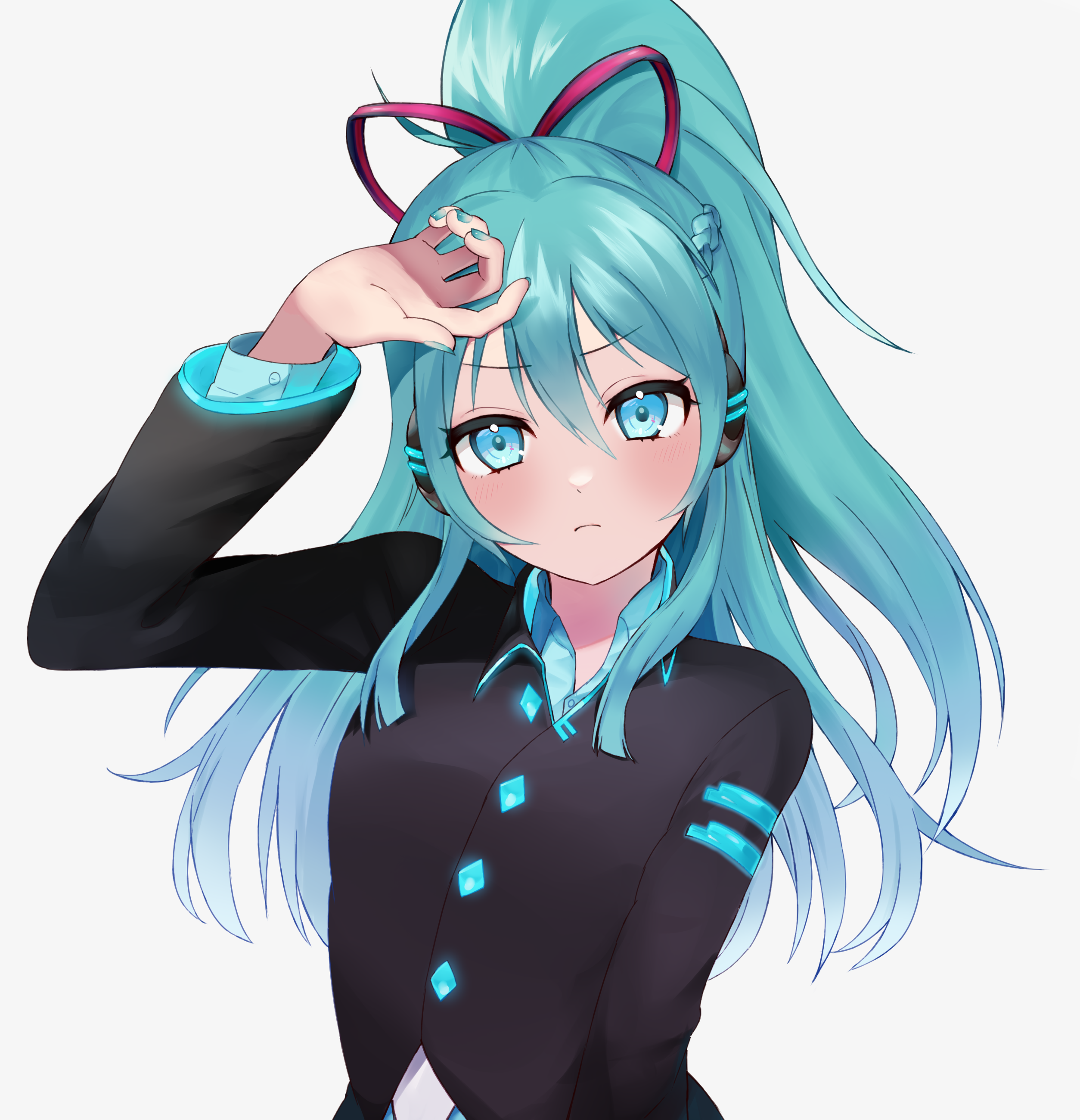 mani m, hatsune miku, hatsune miku (if), vocaloid, absurdres, commentary request, highres, >:(, 1girl, ahoge, aqua eyes, aqua nails, aqua shirt, aqua trim, arm at side, arm up, black jacket, blush, braid, breasts, buttons, closed mouth, collared jacket, collared shirt, diamond button, frown, grey background, hair between eyes, hair ribbon, half up braid, hand on own forehead, headphones, high ponytail, jacket, layered sleeves, long hair, long sleeves, looking at viewer, nail polish, ponytail, red ribbon, ribbon, shirt, sidelocks, simple background, single braid, small breasts, upper body, v-shaped eyebrows