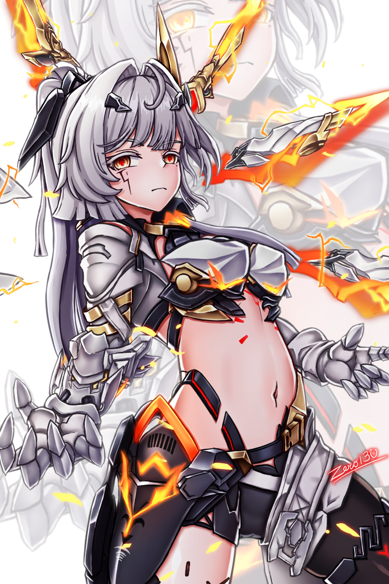 zero130rider, erdos helia, erdos helia (planar armament: warped spacetime), honkai (series), honkai impact 3rd, highres, 1girl, artist name, breasts, closed mouth, gauntlets, grey hair, hair ornament, large breasts, long hair, looking at viewer, mole, mole under eye, navel, solo, yellow eyes
