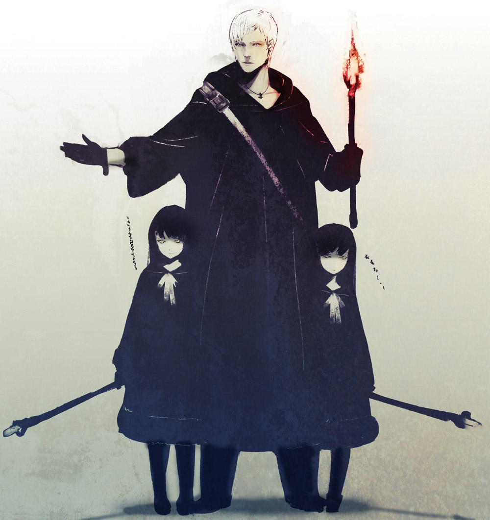 huke, pixiv fantasia, pixiv fantasia 1, 1boy, 2girls, black hair, cape, dress, fantasy, frown, gloves, glowing, glowing eyes, jewelry, long hair, multiple girls, necklace, short hair, siblings, simple background, sisters, smile, smirk, staff, torch, twins, white hair