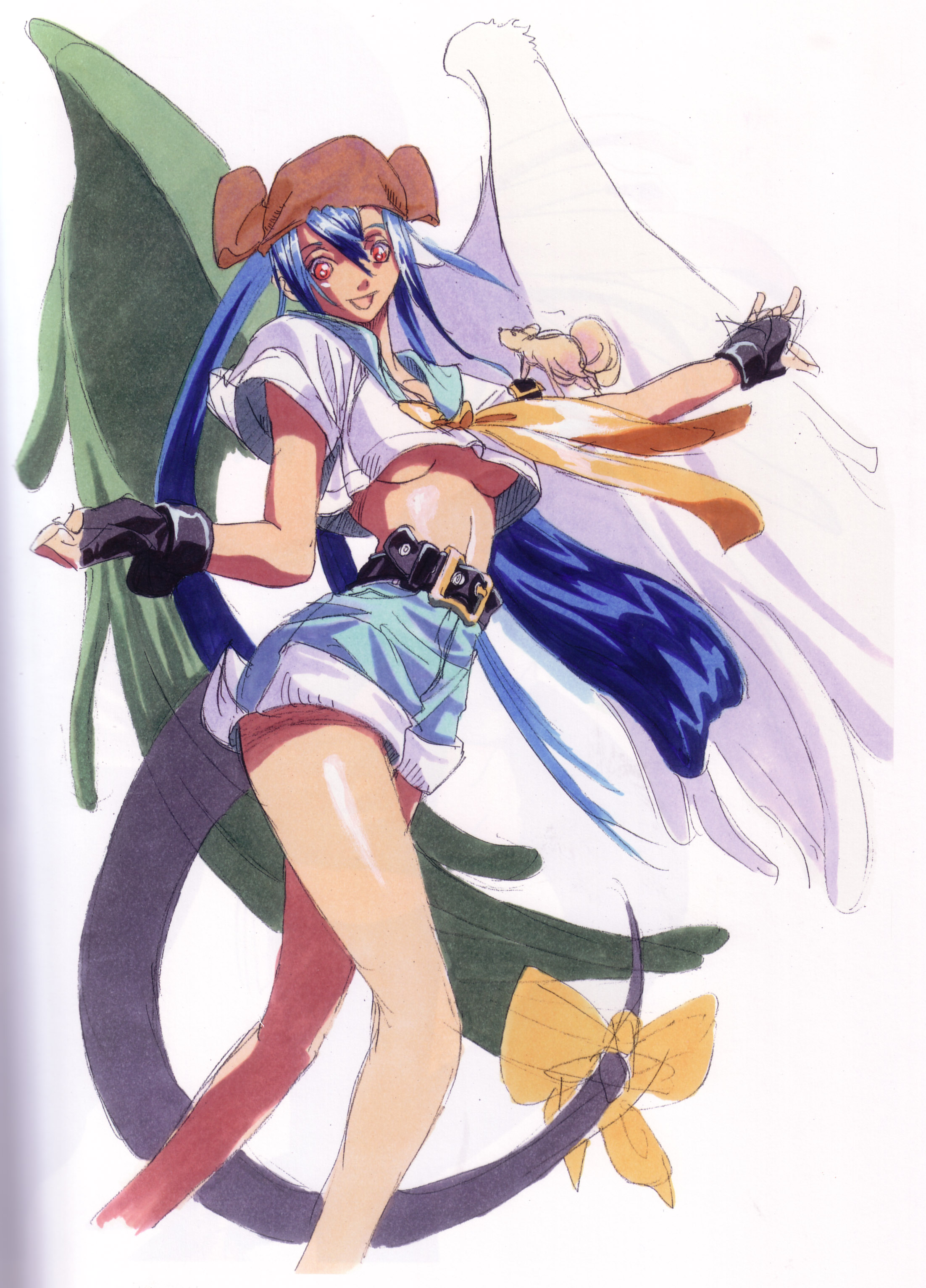 ishiwatari daisuke, dizzy (guilty gear), arc system works, guilty gear, guilty gear x, guilty gear xx, absurdres, artbook, highres, official art, 1girl, asymmetrical wings, bandana, belt, blue hair, blue sailor collar, breasts, denim, denim shorts, female focus, medium breasts, midriff, pirate, red eyes, ribbon, sailor collar, school uniform, serafuku, shorts, simple background, sketch, solo, tail, tail ornament, tail ribbon, underboob, white background, wings