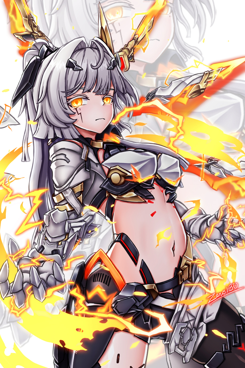 zero130rider, erdos helia, erdos helia (planar armament: warped spacetime), honkai (series), honkai impact 3rd, highres, 1girl, artist name, breasts, closed mouth, gauntlets, grey hair, hair ornament, large breasts, long hair, looking at viewer, mole, mole under eye, navel, solo, yellow eyes