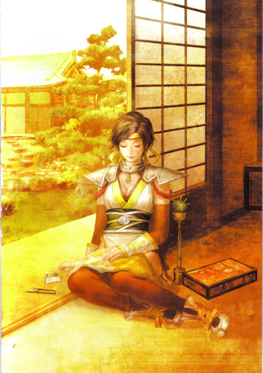 nene, nene (sengoku musou), sengoku musou, sengoku musou 2, highres, official art, scan, 1girl, architecture, box, breasts, brown hair, cleavage, east asian architecture, female focus, headband, short hair, sleeping, socks, solo, thighhighs, tree