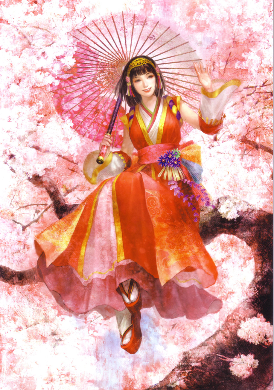okuni, sengoku musou, sengoku musou 2, highres, scan, 1girl, cherry blossoms, detached sleeves, female focus, flower, hair ornament, hairband, in tree, japanese clothes, kimono, layered clothes, layered kimono, obi, oil-paper umbrella, sandals, sash, short hair, smile, solo, tree, umbrella
