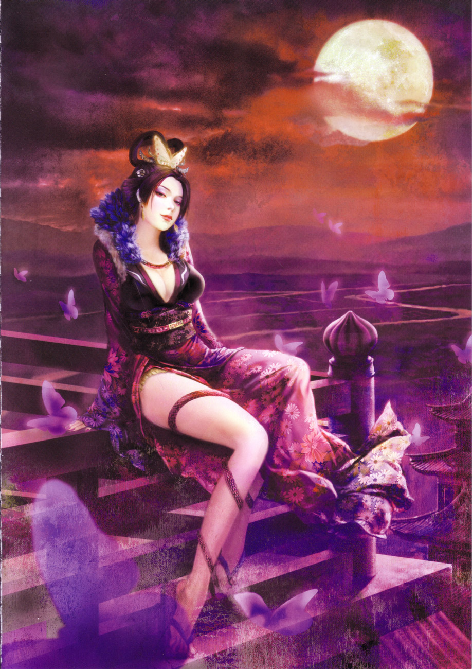nouhime, nouhime (sengoku musou), sengoku musou, sengoku musou 2, highres, scan, 1girl, black hair, breasts, bug, butterfly, cleavage, female focus, insect, large breasts, moon, solo