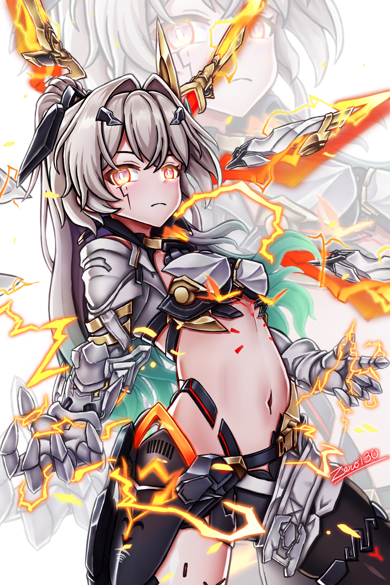 zero130rider, erdos helia, erdos helia (planar armament: warped spacetime), firefly (honkai: star rail), honkai: star rail, honkai (series), honkai impact 3rd, highres, 1girl, artist name, breasts, closed mouth, cosplay, erdos helia (cosplay), gauntlets, grey hair, hair ornament, large breasts, long hair, looking at viewer, mole, mole under eye, navel, solo, yellow eyes