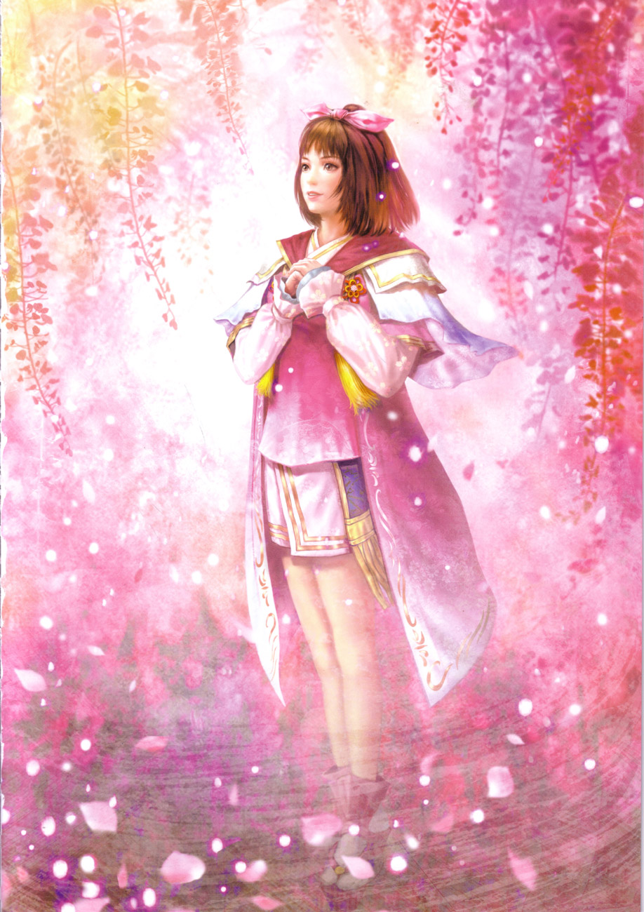 oichi, oichi (sengoku musou), sengoku musou, sengoku musou 2, highres, scan, 1girl, brown hair, female focus, own hands together, pink theme, short hair, solo, tabi