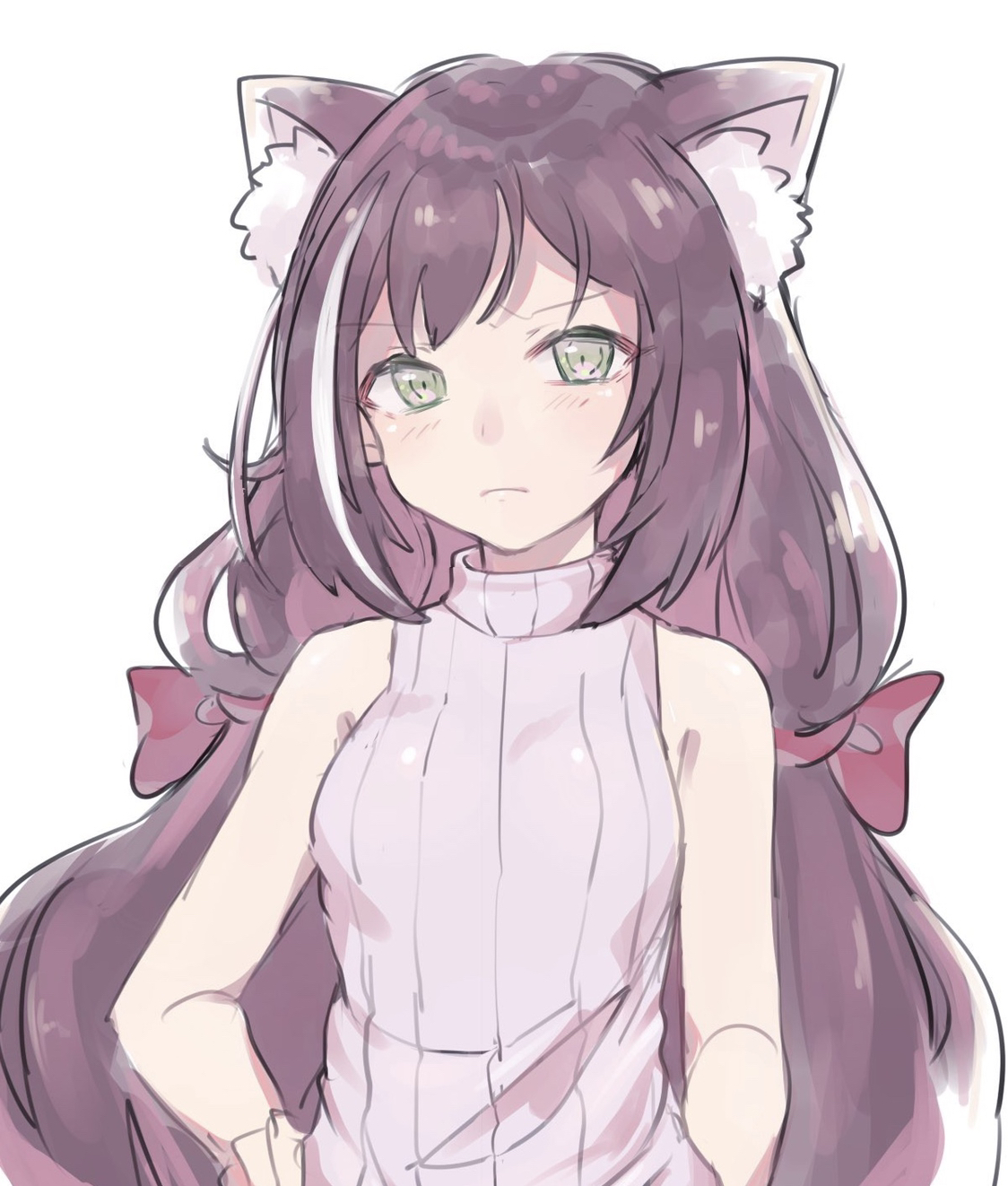 imamiya pinoko, karyl (princess connect!), princess connect!, highres, 1girl, animal ears, black hair, cat ears, cat girl, green eyes, hand on own hip, long hair, sleeveless, solo, sweater, turtleneck, turtleneck sweater, twintails, upper body, white background