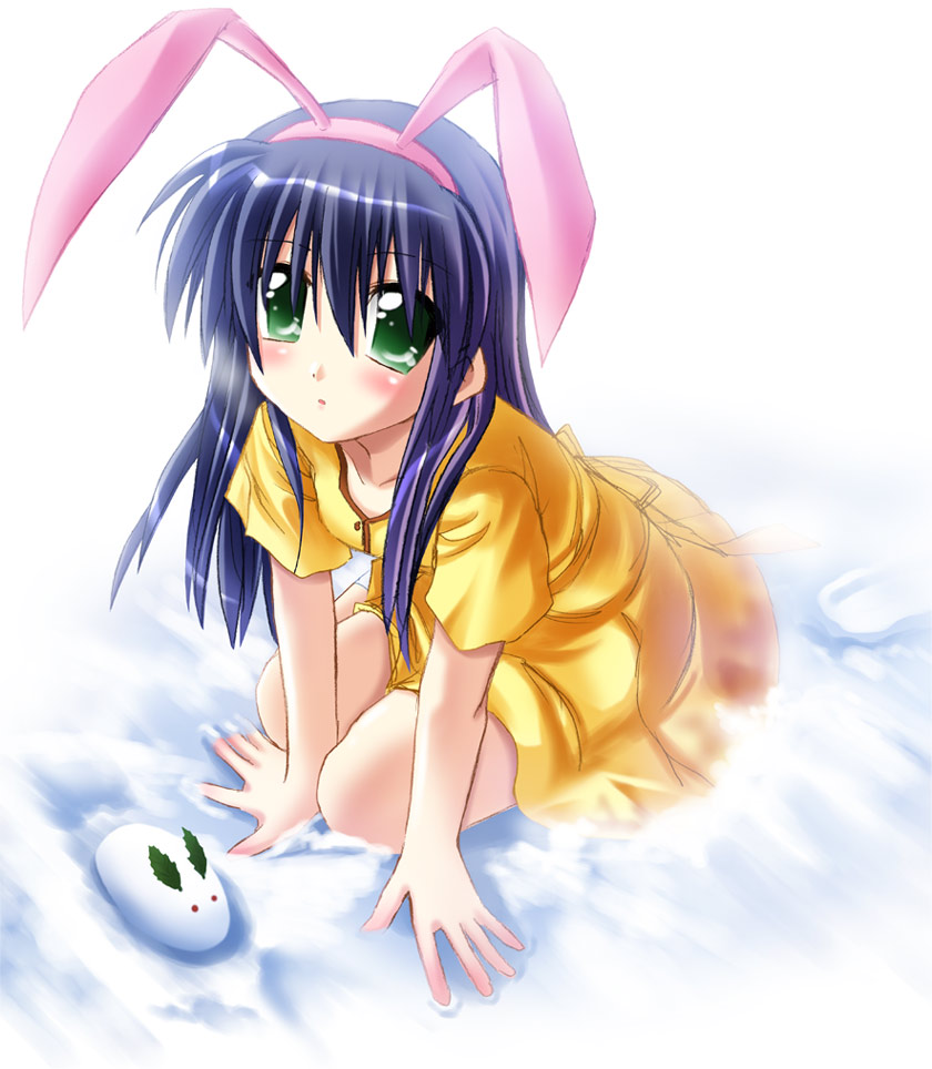 otoki raku, kawasumi mai, kanon, aged down, animal ears, blue hair, green eyes, long hair, rabbit ears, snow, solo