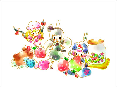 mana (artist), konpaku youmu, konpaku youmu (ghost), saigyouji yuyuko, yakumo yukari, touhou, lowres, 3girls, female focus, food, fruit, holding, holding food, holding fruit, multiple girls, strawberry