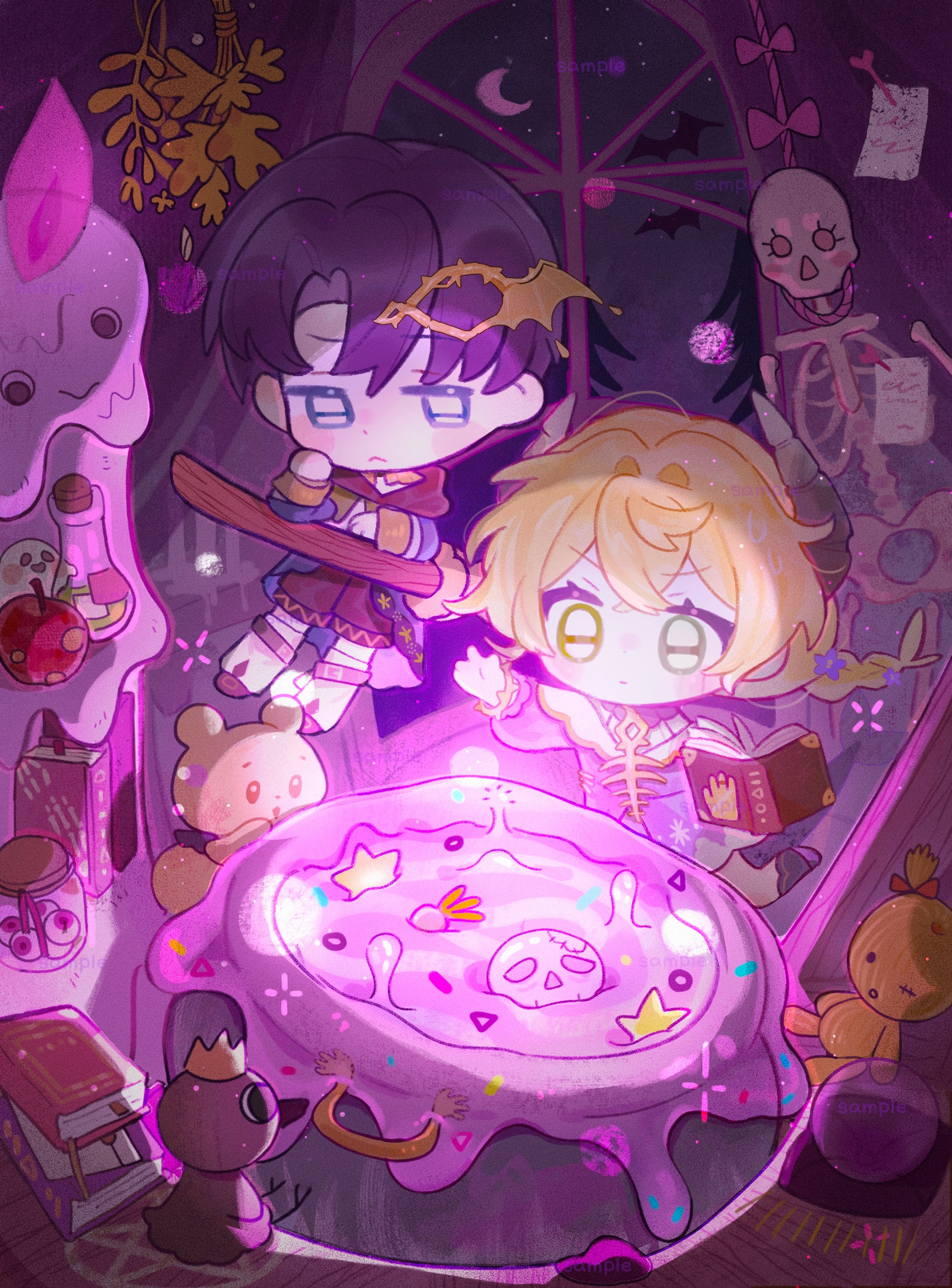 original, highres, 1boy, 1girl, :<, bai yang zi, black shorts, blonde hair, blue cape, blue eyes, blue shirt, blush stickers, book, braid, broom, brown shoes, cape, cauldron, chibi, chibi only, closed mouth, double-parted bangs, grey eyes, halloween, heterochromia, holding, holding book, indoors, long hair, long sleeves, night, parted bangs, purple hair, shirt, shoes, short hair, shorts, skeleton, skull, socks, standing, stuffed animal, stuffed toy, teddy bear, white socks, window, yellow eyes