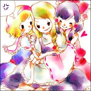 mana (artist), alice margatroid, hakurei reimu, kirisame marisa, touhou, lowres, 3girls, :d, ^ ^, anger vein, black dress, black hair, blonde hair, blue dress, blush, capelet, closed eyes, closed mouth, detached sleeves, dress, female focus, frills, hair tubes, long sleeves, multiple girls, open mouth, puffy short sleeves, puffy sleeves, ribbon-trimmed sleeves, ribbon trim, short hair, short sleeves, sitting, smile, speech bubble, sweater, thought bubble