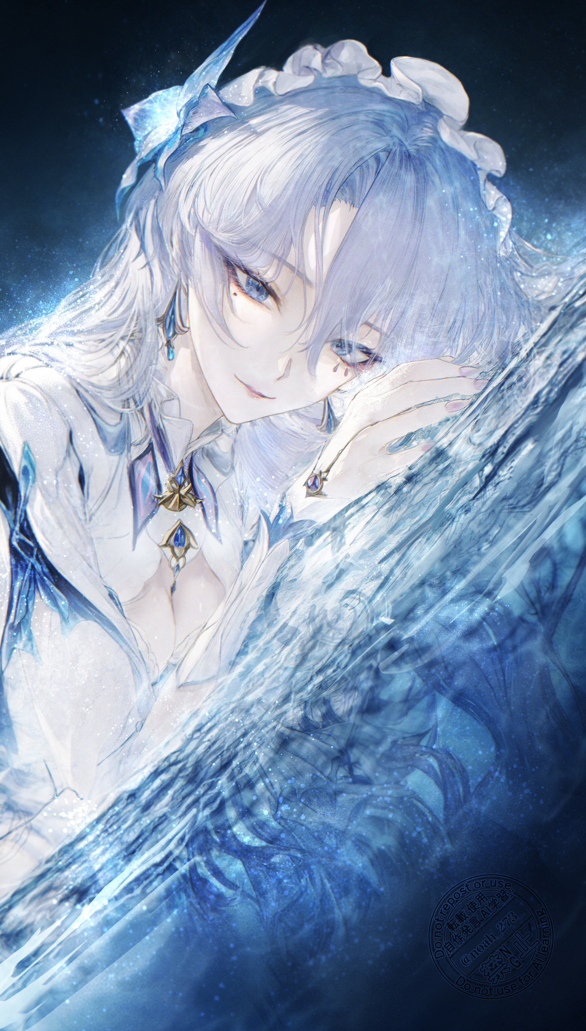renoahh, cantarella (wuthering waves), wuthering waves, absurdres, commentary, english commentary, highres, revision, 1girl, blue flower, breasts, cleavage, closed mouth, dutch angle, earrings, facial mark, flower, hair between eyes, hair flower, hair ornament, headdress, jewelry, large breasts, long hair, looking at viewer, mark under eye, mole, mole under eye, nail polish, purple hair, purple nails, reflection, reflective water, shrug (clothing), smile, solo, water, white shrug