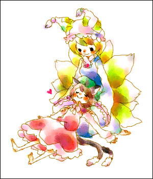 mana (artist), chen, yakumo ran, touhou, lowres, 2girls, animal ears, animal hat, blonde hair, blush, brown hair, cat ears, cat girl, closed eyes, dress, female focus, fox ears, fox tail, hat, long sleeves, mob cap, multiple girls, multiple tails, nekomata, red dress, short hair, simple background, tail, tassel, two tails, white background, wide sleeves