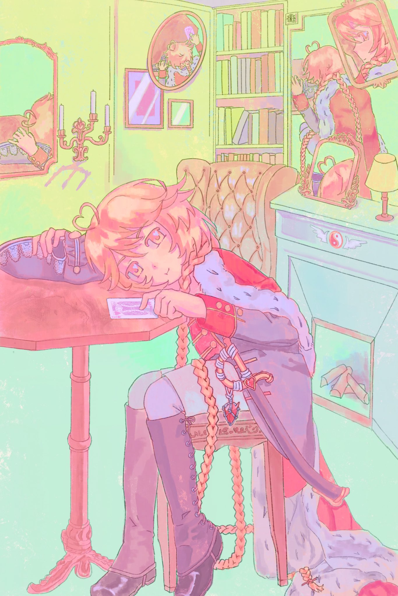 ooama no ake no mitori, len'en, highres, 1other, absurdly long hair, antenna hair, armchair, black coat, black hat, blonde hair, book, bookshelf, boots, braid, buttons, candle, cape, card, chair, closed mouth, coat, fireplace, full body, fur-trimmed cape, fur trim, grey boots, grey pants, hair between eyes, hair over shoulder, hands on table, hat, head on table, heart antenna hair, holding, holding unworn clothes, holding unworn hat, indoors, knee boots, lamp, living room, long hair, long sleeves, low twin braids, merry 765, mirror, on stool, orb, pants, pirate hat, playing card, red cape, red sleeve cuffs, reflection, sitting, sleeve cuffs, smile, solo, table, twin braids, unworn hat, unworn headwear, very long hair, yellow eyes, yin yang, yin yang orb