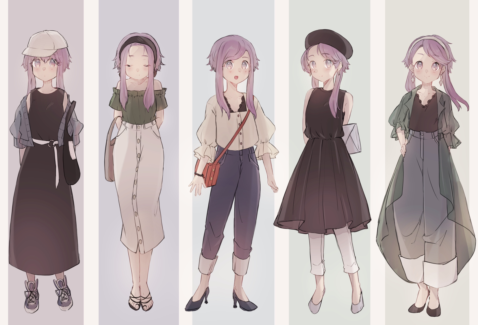 imamiya pinoko, yuzuki yukari, voiceroid, highres, 1girl, bag, baseball cap, closed eyes, denim, hairband, handbag, hat, high-waist pants, high-waist skirt, high heels, jeans, off shoulder, pants, purple eyes, purple hair, sandals, shoes, short hair with long locks, simple background, skirt, sleeveless, sneakers