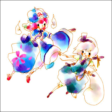 mana (artist), konpaku youmu, konpaku youmu (ghost), saigyouji yuyuko, touhou, lowres, 2girls, arm garter, black necktie, blush, dress, female focus, floating, floral print, frills, ghost, green dress, hat, katana, long sleeves, looking at viewer, mob cap, multiple girls, necktie, pink hair, puffy short sleeves, puffy sleeves, scabbard, sheath, sheathed, short sleeves, sword, triangular headpiece, weapon, white hair
