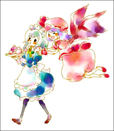 mana (artist), izayoi sakuya, remilia scarlet, touhou, lowres, 2girls, dress, female focus, hat, maid, multiple girls, pantyhose, skirt, tea, white background, wings